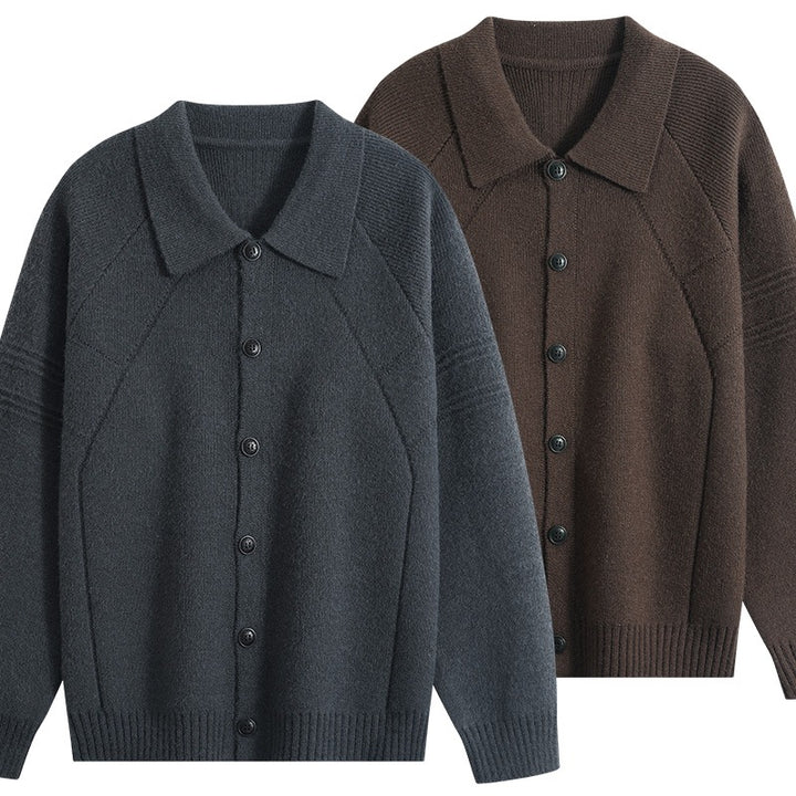 Men's knit cardigan with shirt collar, raglan sleeves & ribbed hem Mune Fashion