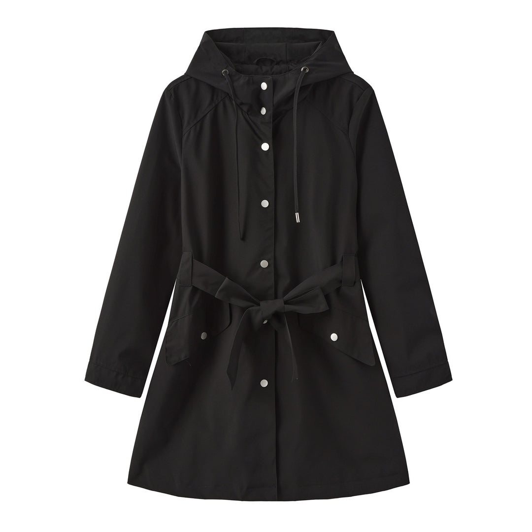 Women's lightweight raincoat in A-line cut with hood, drawstring, and tie belt Mune Fashion