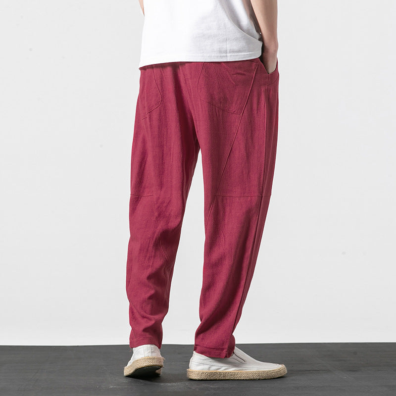 Men's Soft Linen Blend Lounge Pants with Dropped Crotch, Elastic Waistband, and Tapered Leg Mune Fashion