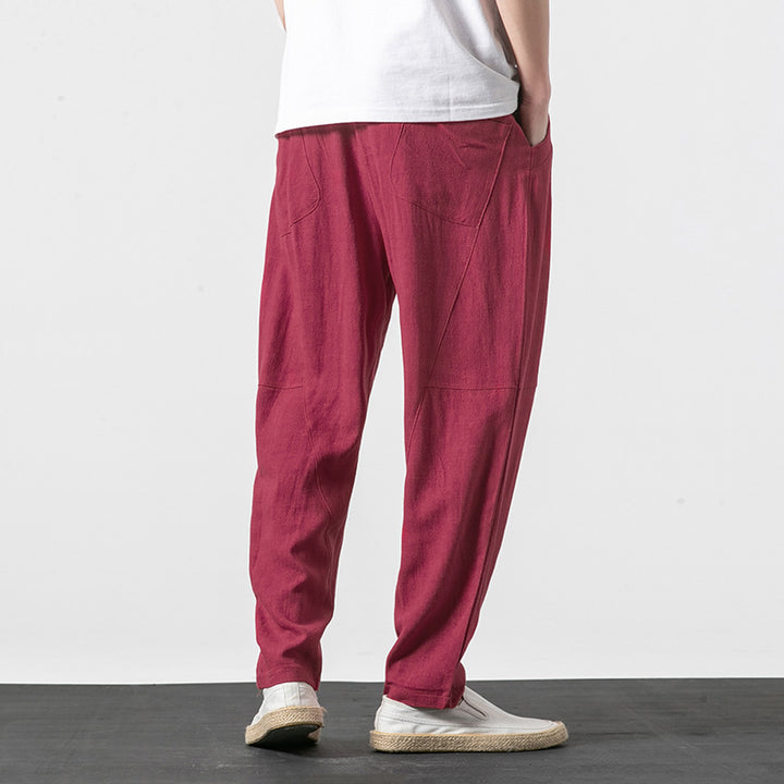 Men's Soft Linen Blend Lounge Pants with Dropped Crotch, Elastic Waistband, and Tapered Leg Mune Fashion