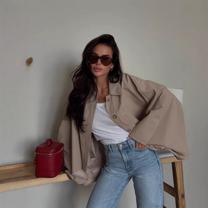 Women's Oversized Cropped Jacket with Voluminous Bat Sleeves and Shirt Collar Mune Fashion