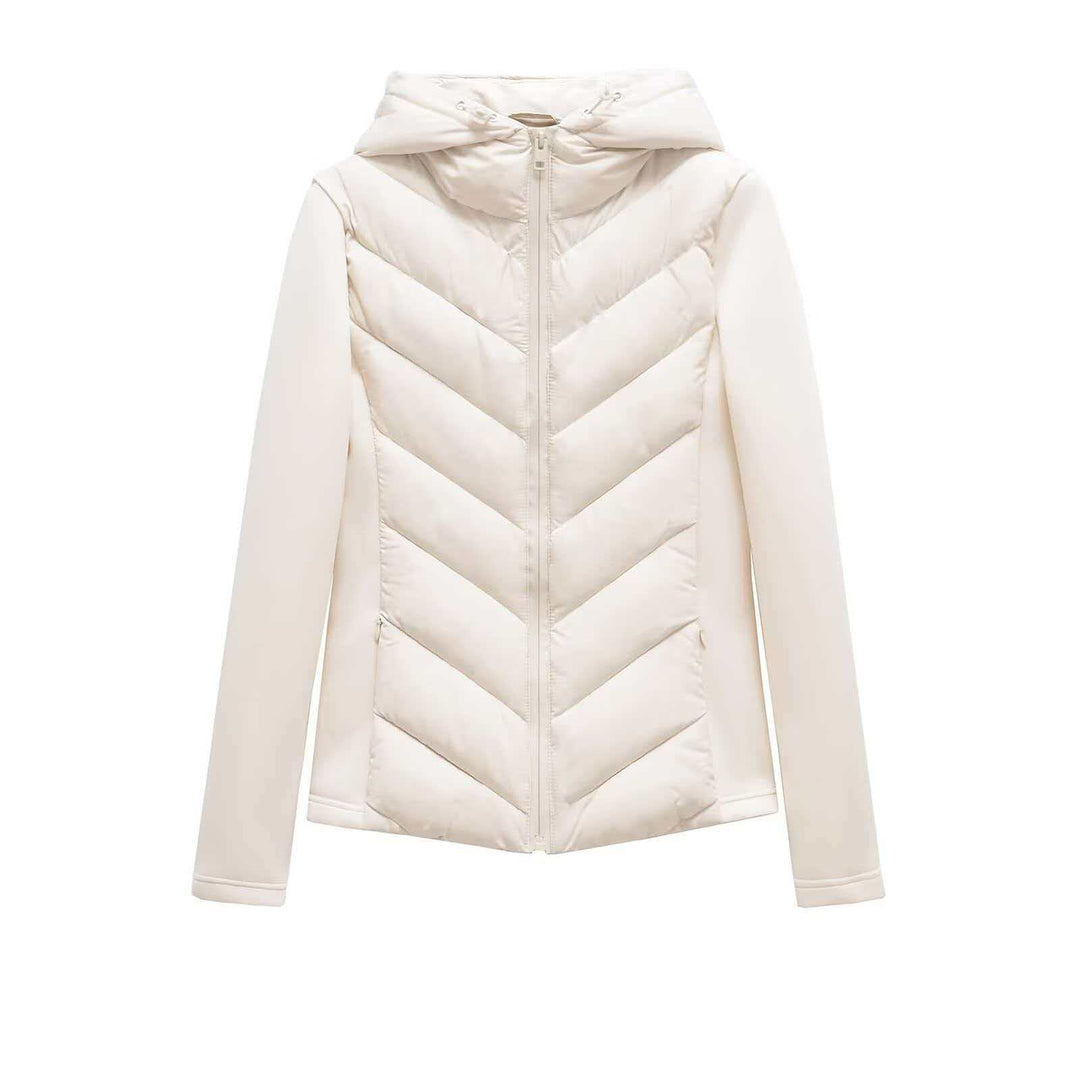 Women's quilted hooded jacket with chevron quilting, softshell inserts, and concealed zipper Mune Fashion