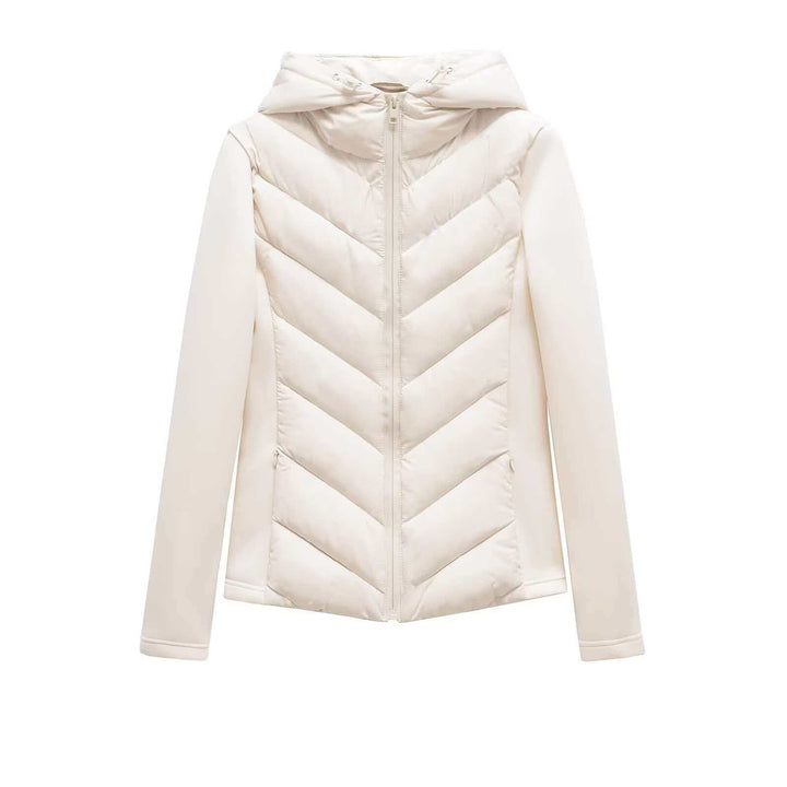 Women's quilted hooded jacket with chevron quilting, softshell inserts, and concealed zipper Mune Fashion