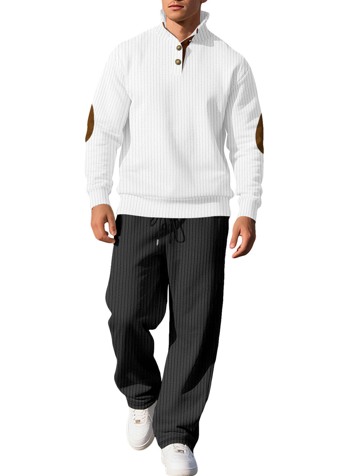 Men's fine ribbed sweater with half button placket, high stand-up collar, and contrasting suede elbow patches Mune Fashion