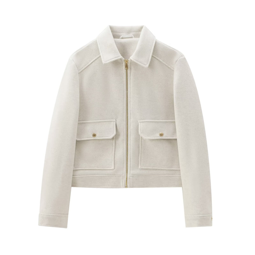 Ladies Short Wool Faux Field Jacket with Full Zipper and Four Flap Pockets Mune Fashion