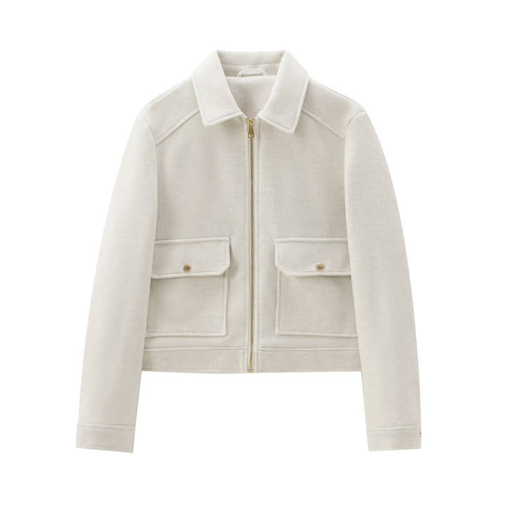 Ladies Short Wool Faux Field Jacket with Full Zipper and Four Flap Pockets Mune Fashion