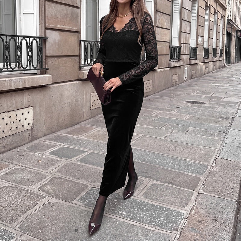 Women's evening dress with transparent lace sleeves, velvet skirt, and illusion heart neckline Mune Fashion