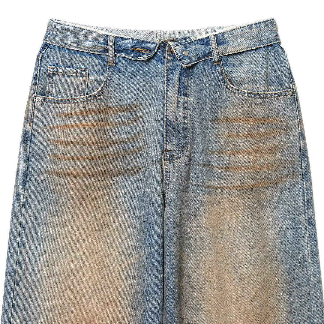 Ladies High-Waist Denim Pants with Wide Leg and Vintage Wash Mune Fashion