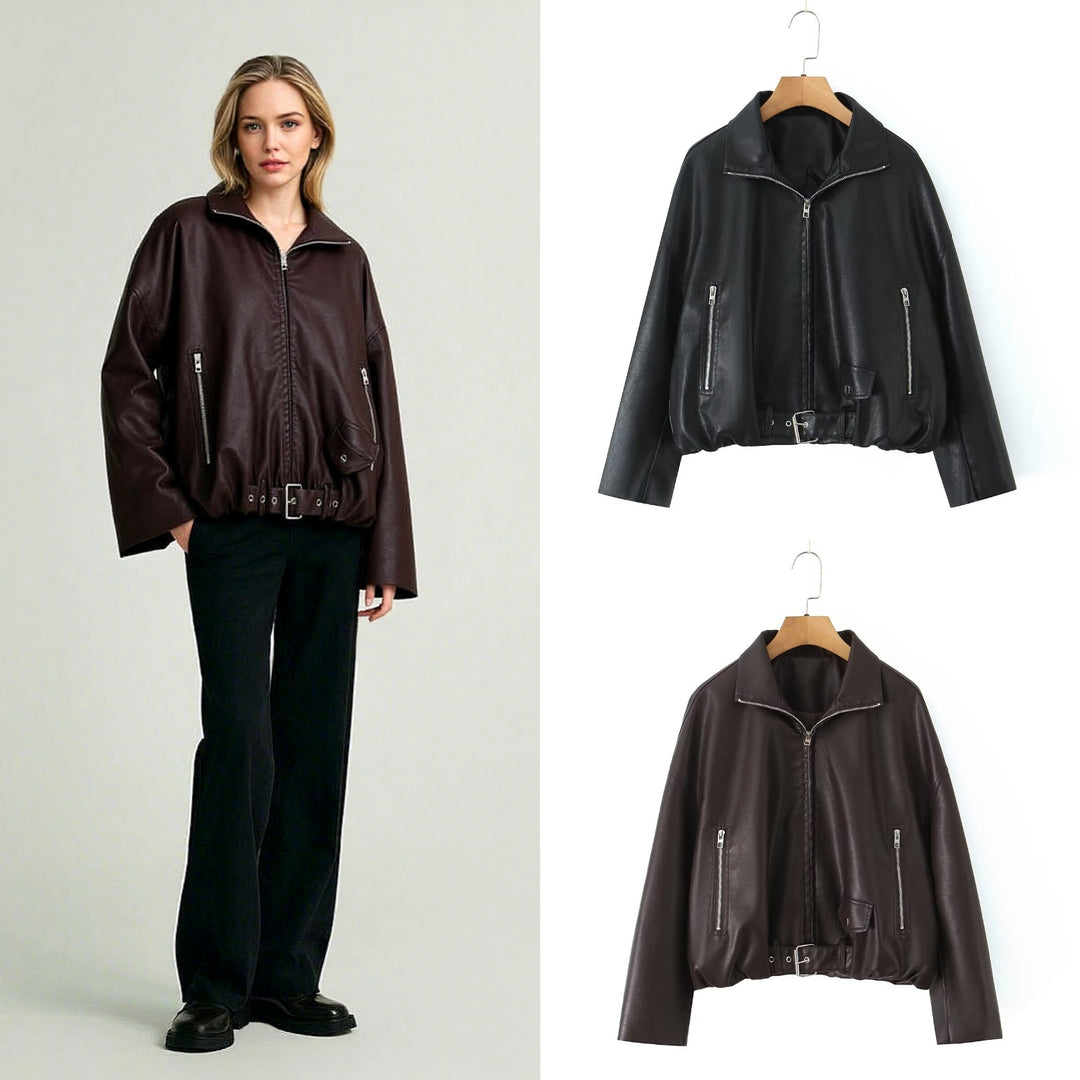 Women’s cropped oversized leather jacket in bomber style with zippered pockets and waist belt Mune Fashion