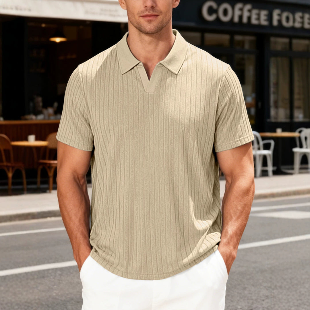 Men's Ribbed Short Sleeve Polo Shirt with V-Neck and Open Collar