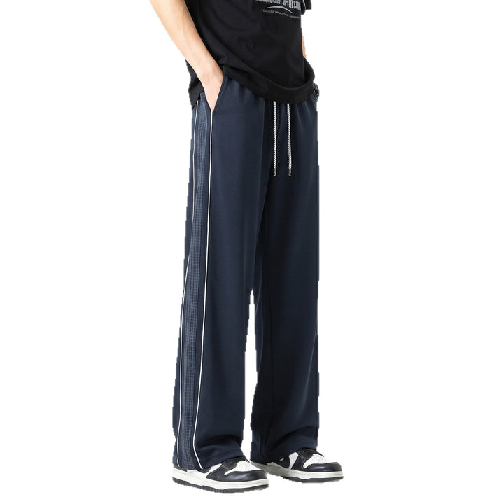 Men's Wide Track Pants in Oversize Cut with Drawstring and Side Plaid Pattern Stripe Mune Fashion