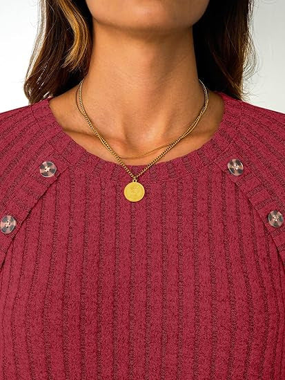 Women Ribbed Round Neck Sweater with Decorative Shoulder Buttons Mune Fashion