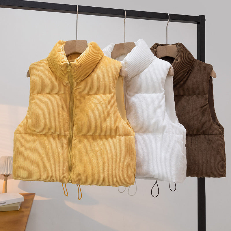 Women's padded cord quilted vest with stand-up collar and drawstring Mune Fashion