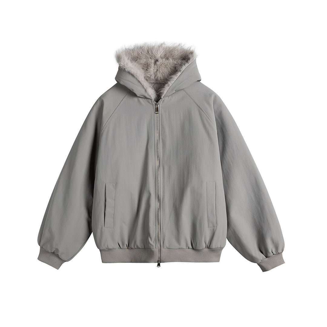 Women Oversized Bomber Jacket with Faux Fur Lined Hood and Raglan Sleeves Mune Fashion