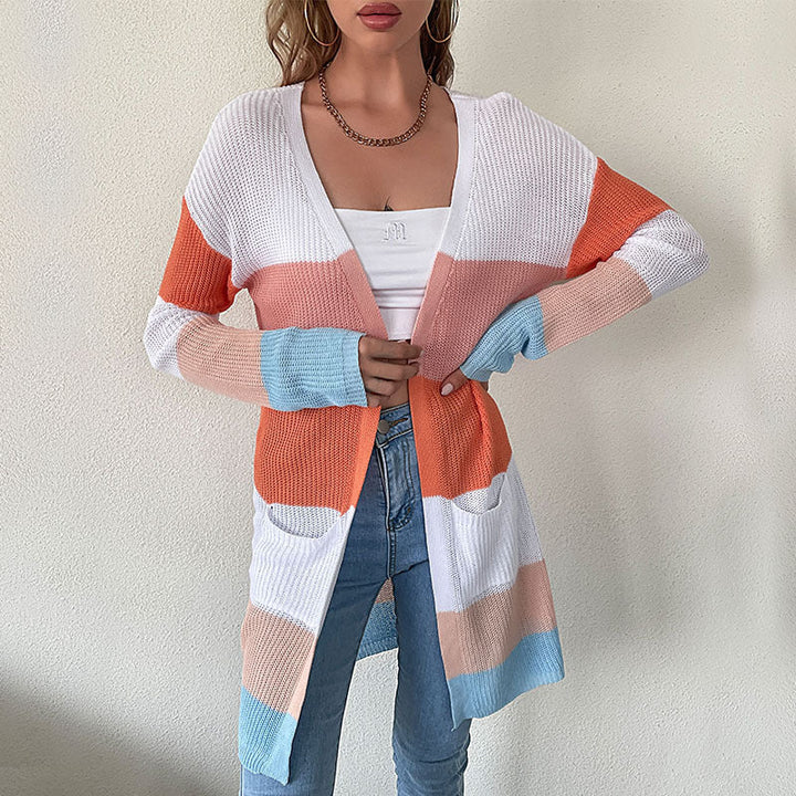 Women's Long Block Stripe Knit Cardigan with Open Cut, Pockets, and Light Ajour Structure Mune Fashion