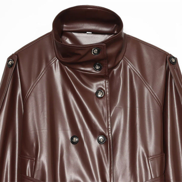 Women's Cropped Faux Leather Blouson with High Collar, Double Button Placket and Tie Belt Mune Fashion