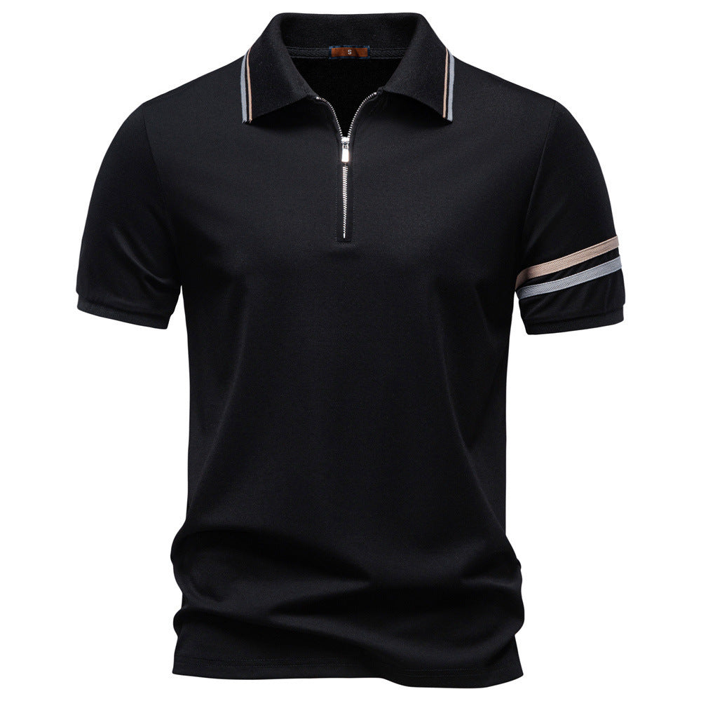 Men's breathable elastic polo shirt with short zipper and contrast stripes on sleeves Mune Fashion