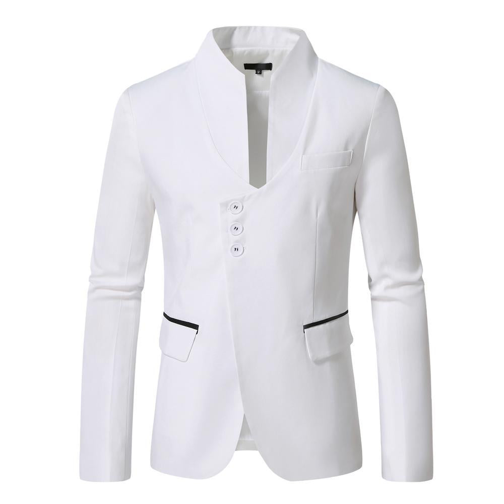Men's nan asymmetrical blazer with stand collar, three buttons and slim fit as well as piped pockets Mune Fashion