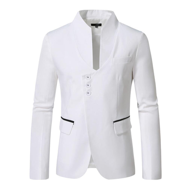 Men's nan asymmetrical blazer with stand collar, three buttons and slim fit as well as piped pockets Mune Fashion