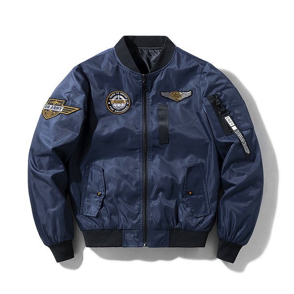 Men's bomber jacket in flight style with nylon shell, patch applications, and arm pocket Mune Fashion