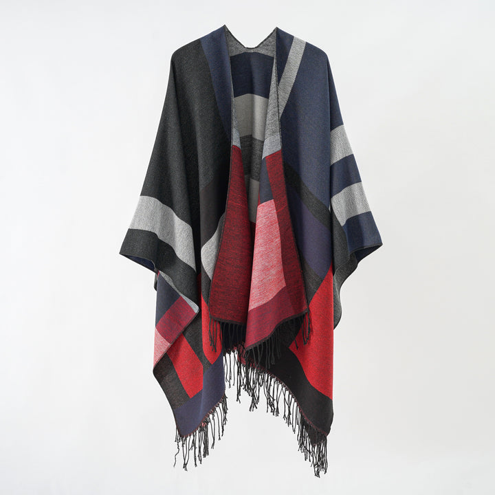 Women's jacquard wrap poncho in cape cut with fine fringe hem Mune Fashion