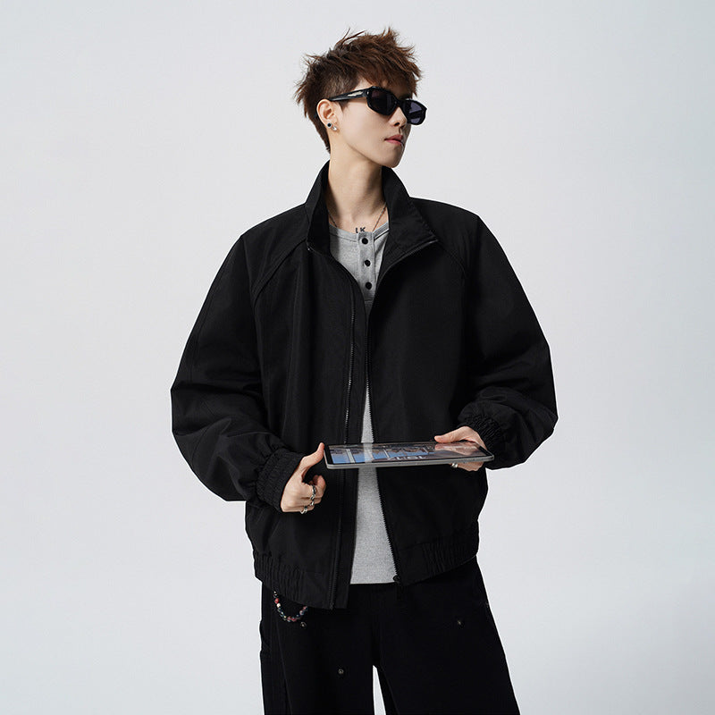 Unisex Oversized Windbreaker with Stand-up Collar and Raglan Sleeves Mune Fashion