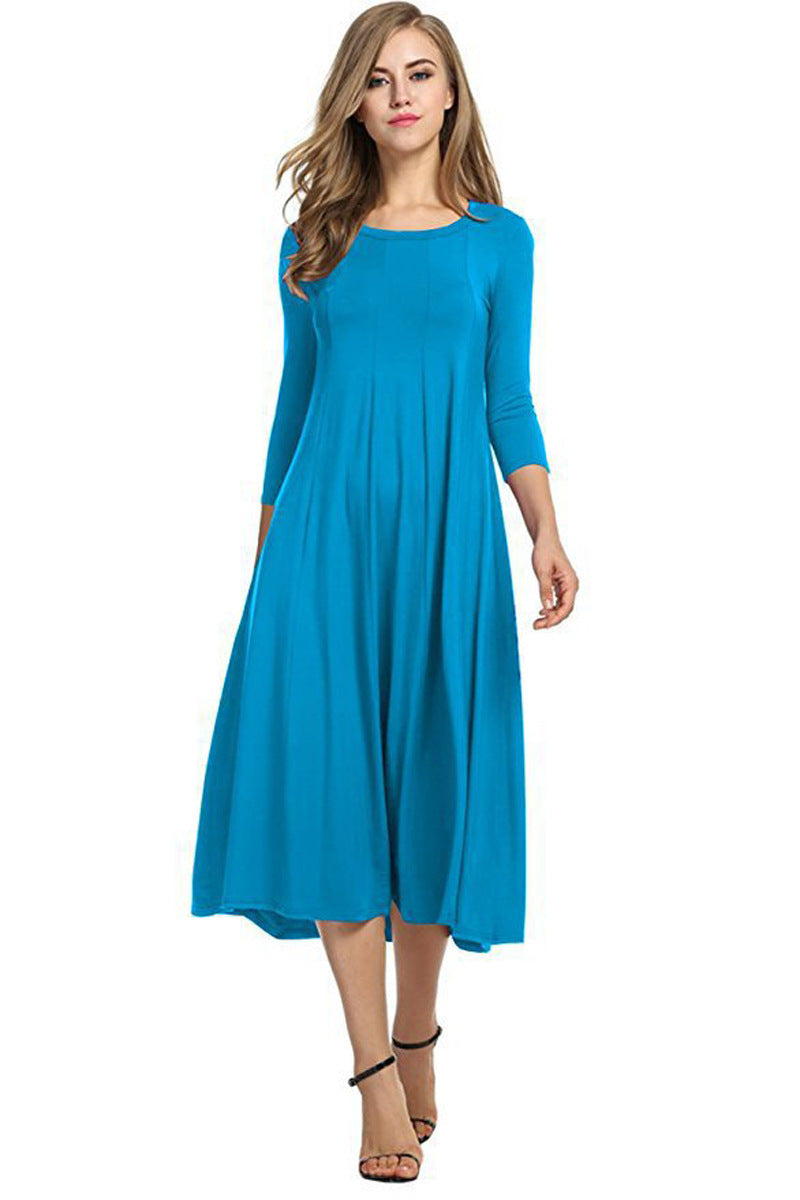 Women's Long A-Line Midi Dress made of Stretch Jersey with Three-Quarter Sleeves and Side Pockets Mune Fashion