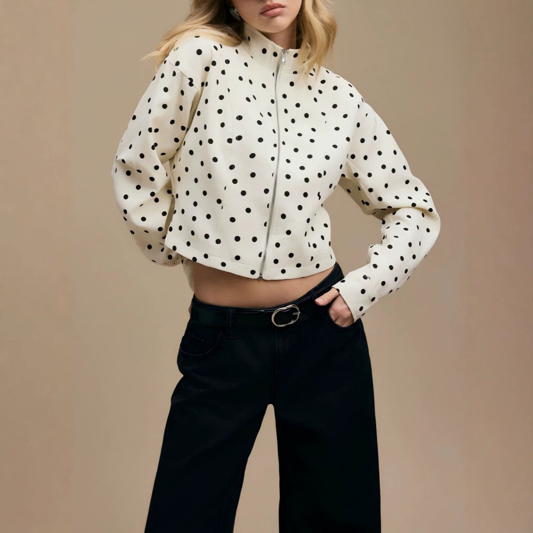 Women's Polka Dot Short Jacket with Stand Collar and Zipper Drune