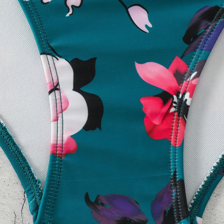 Women One-Piece Swimsuit with Fashionable Floral Design and Stylish Black Mune Fashion