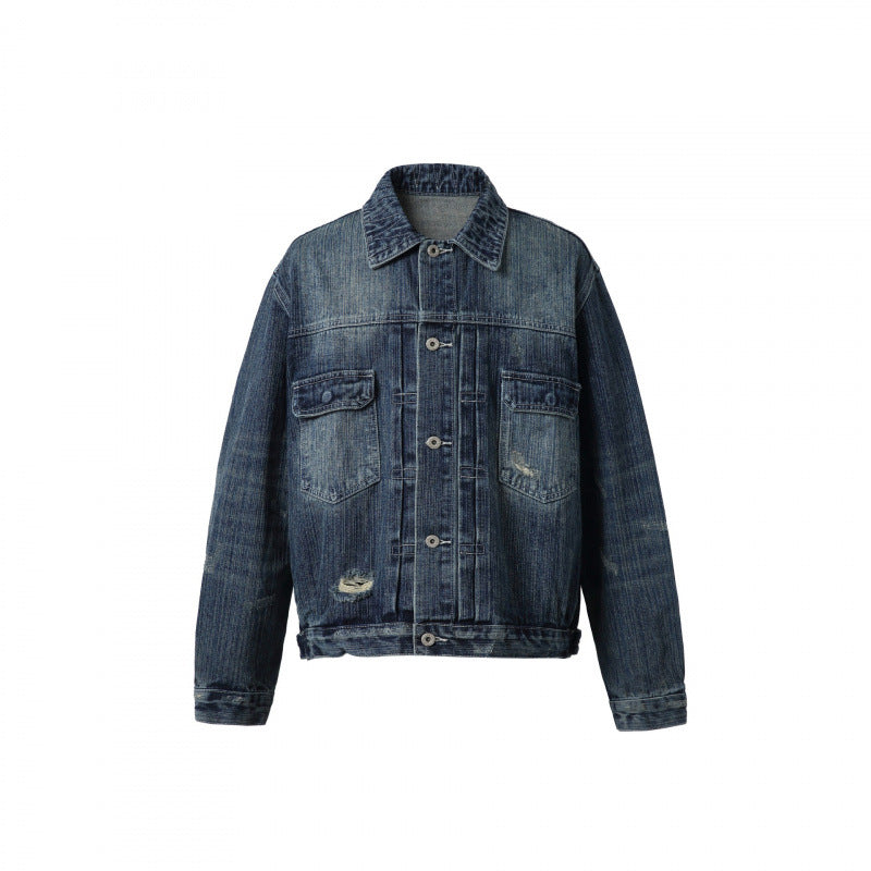 Men's Oversize Vintage Denim Jacket with Used Effect and Chest Pockets Mune Fashion