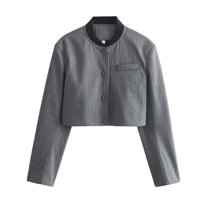 Women's short-cut pinstripe bolero jacket with rounded stand collar and decorative buttons Mune Fashion