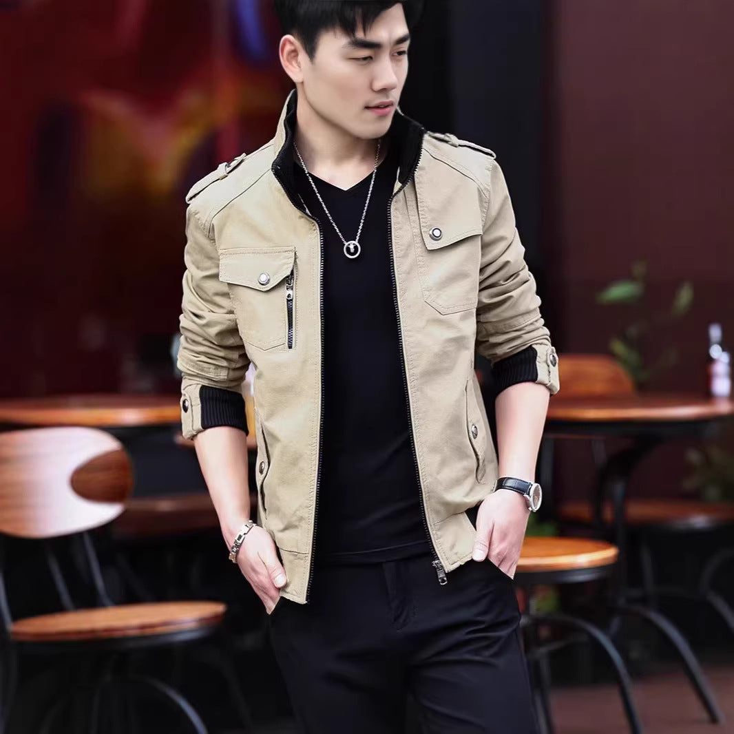 Men's Lightweight Canvas Field Jacket with Zipper and Shoulder Flaps Mune Fashion