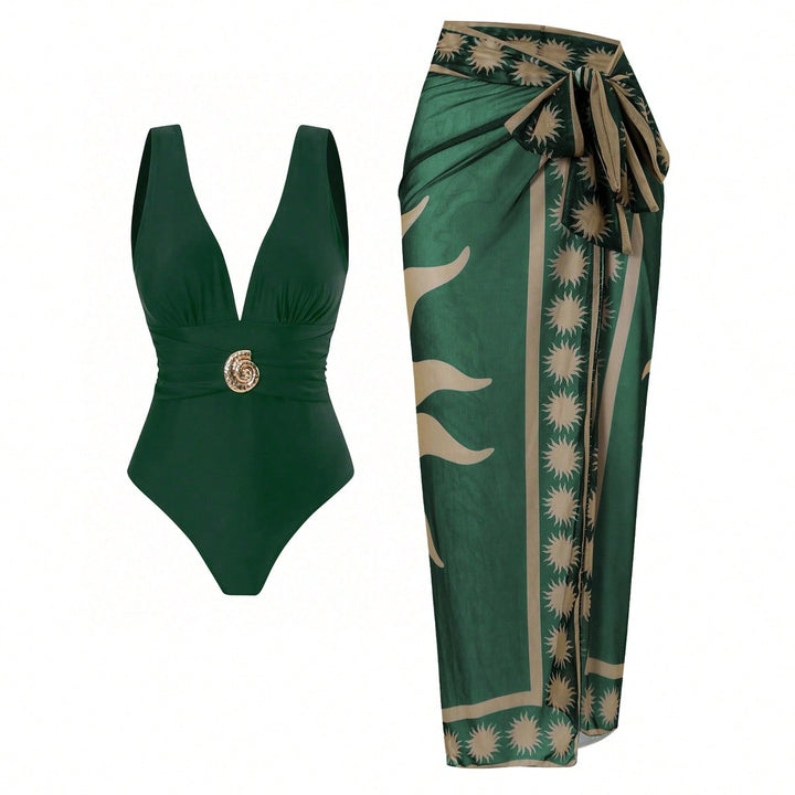 Women's swimsuit with feminine wrap skirt and elegant jewelry detail Mune Fashion
