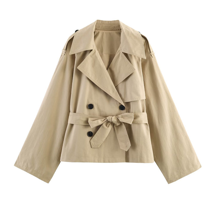 Women's Short Cape Trench with Double Button Placket, Wide Cape Sleeves and Waist Tie Belt Mune Fashion