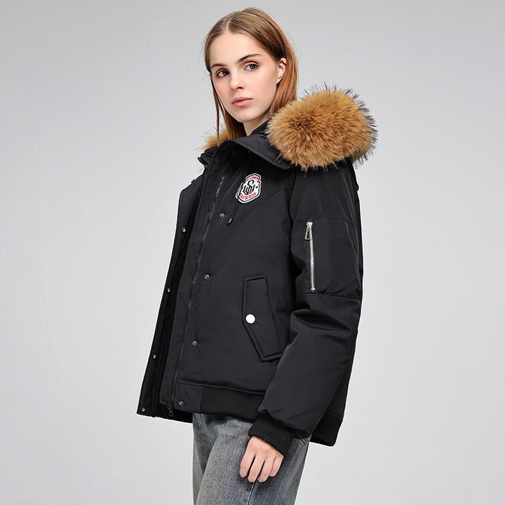 Women's short bomber-style parka jacket with removable fur hood and logo patch Mune Fashion