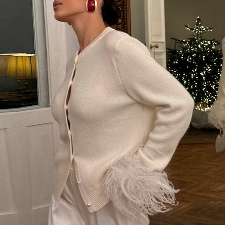 Women's Pearl Button Cardigan with Faux Feather Cuffs Mune Fashion