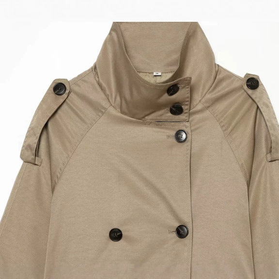 Women's short cut trench jacket with high stand-up collar and waist belt Mune Fashion