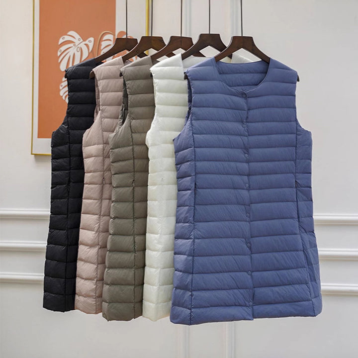 Women's long ultra-lightweight quilted vest with round neckline and snap button closure Mune Fashion