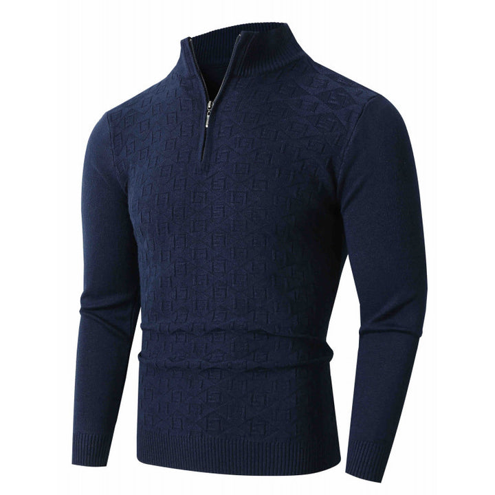 Men's Slim-Fit Fine Knit Half-Zip Sweater with Stand Collar and Geometric Relief Mune Fashion