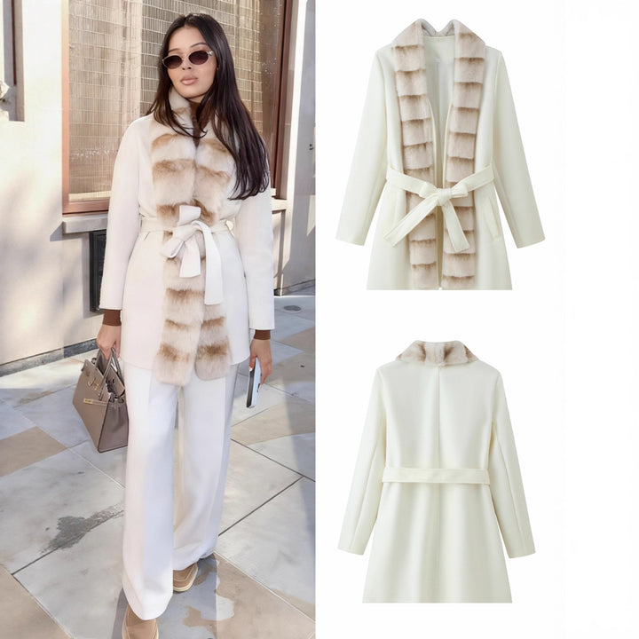 Women's Tailored Wool Blend Coat with Tie Belt and Removable Faux Fur Shawl Collar Mune Fashion