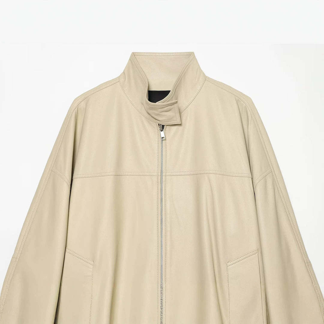 Women's Oversize Faux Leather Blouson Jacket with Stand-Up Collar Mune Fashion