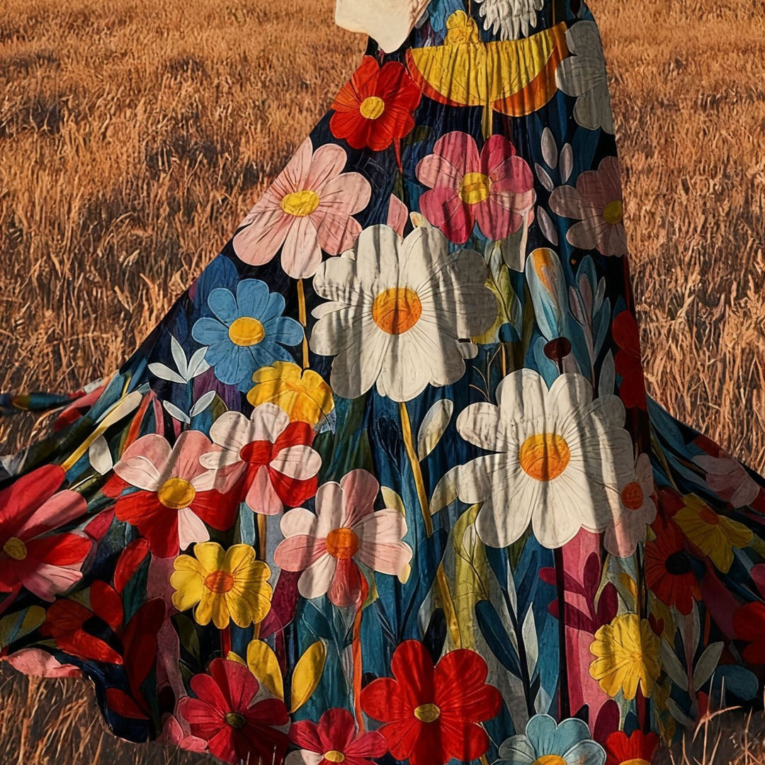 Women's maxi skirt with large floral embroidery, pleated ruffle and wide A-line cut Mune Fashion