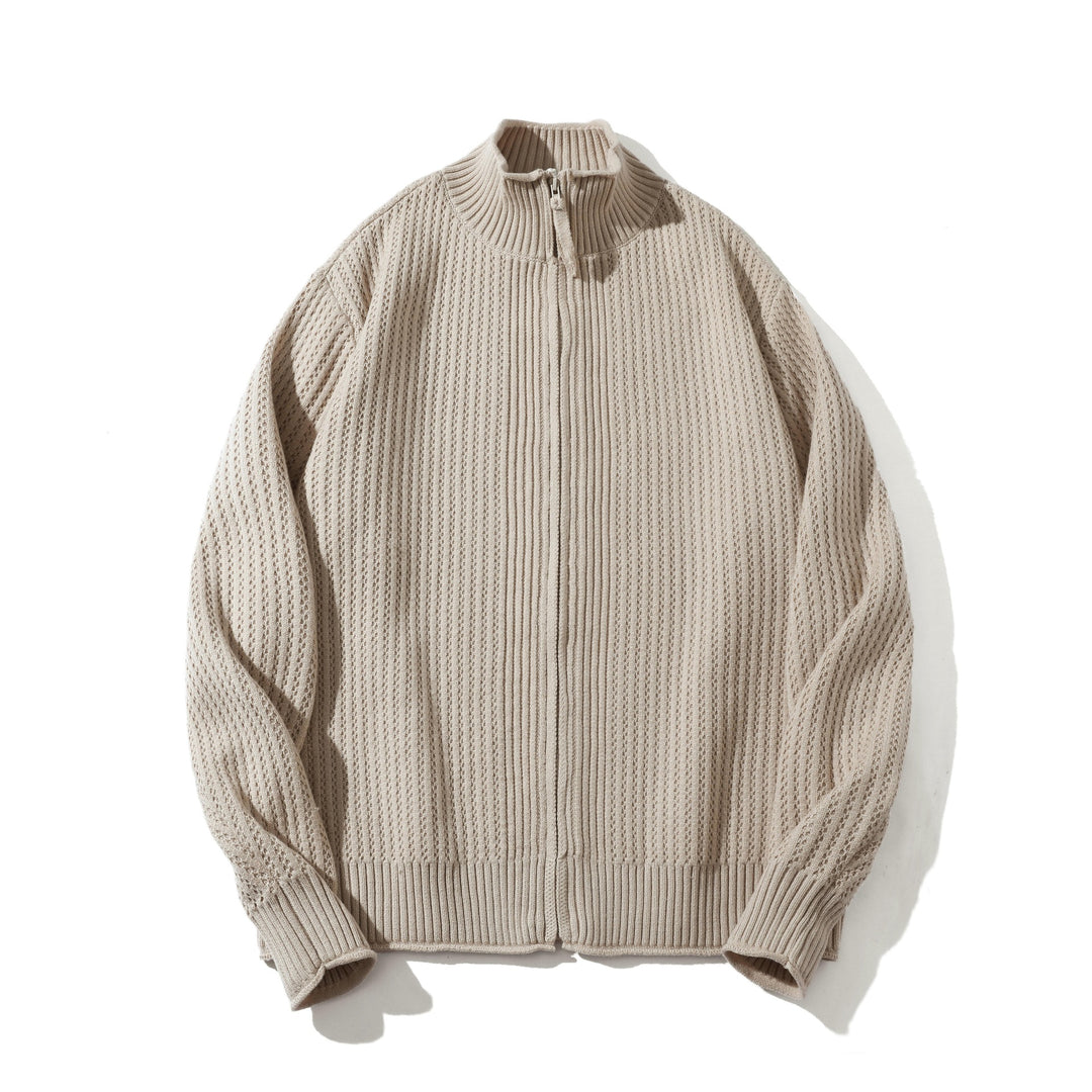 Unisex Structured Zip Sweater with High Ribbed Collar and Purl Pattern Mune Fashion