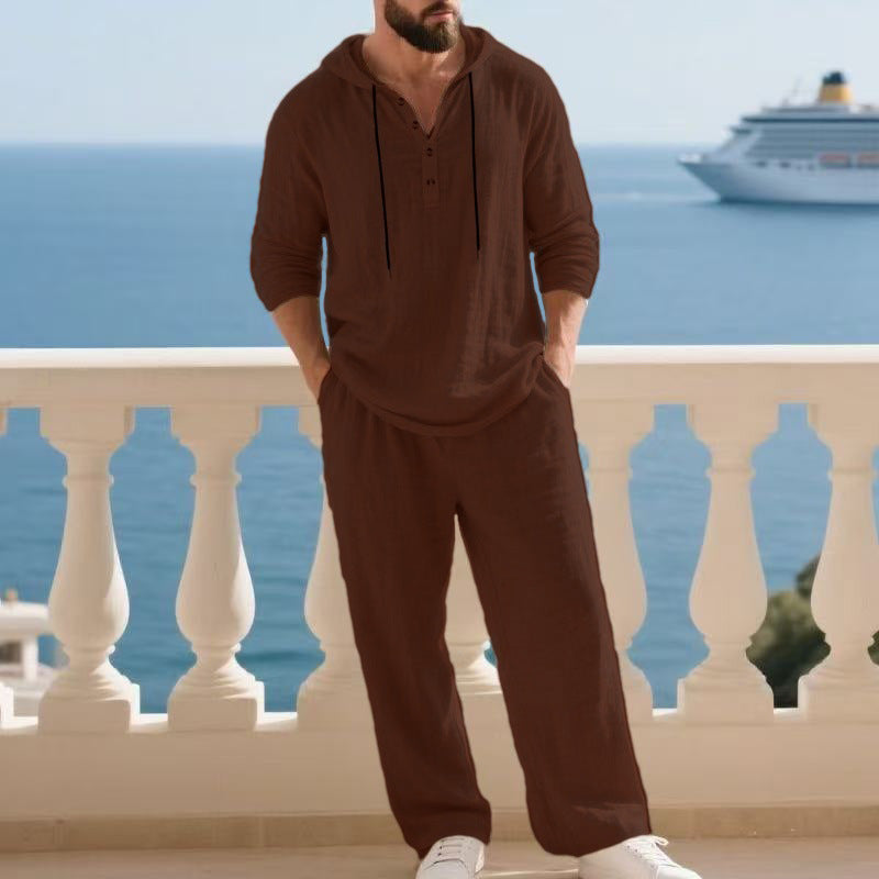 Men's casual linen two-piece set with hooded Henley-style shirt and loose-fitting leisure pants Mune Fashion