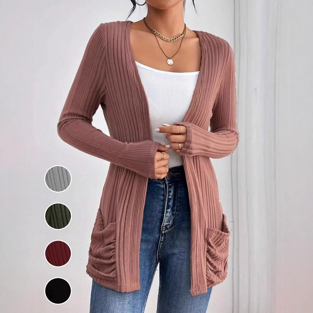 Women Ribbed Long Cardigan with Open Front, Pockets and Relaxed Fit Drune