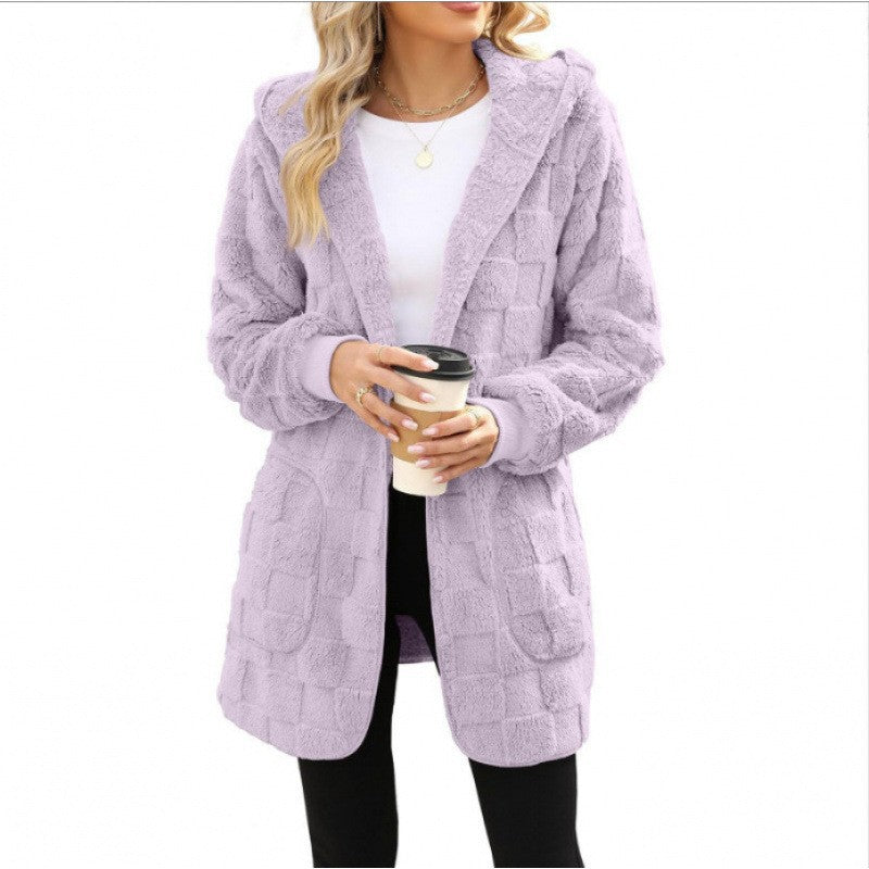 Women's cozy hooded long jacket made of teddy fleece with patch pockets and textured check pattern Mune Fashion