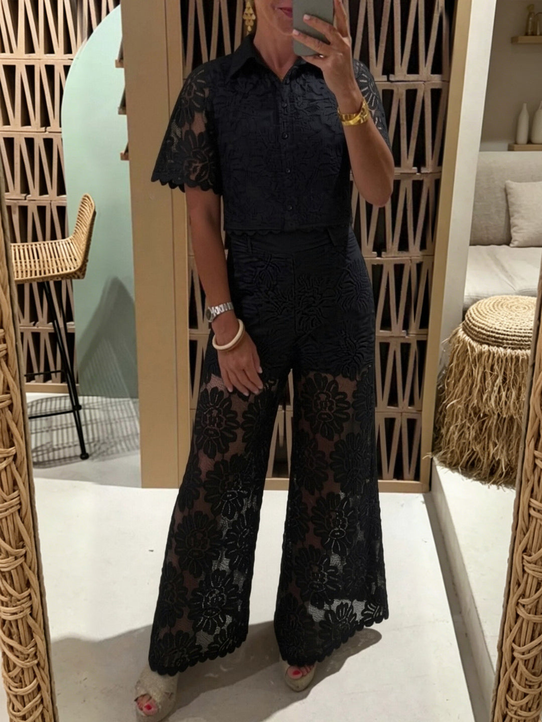 Women's elegant lace combination with short-sleeved blouse, scalloped hem, and tailored palazzo pants with tie belt Mune Fashion