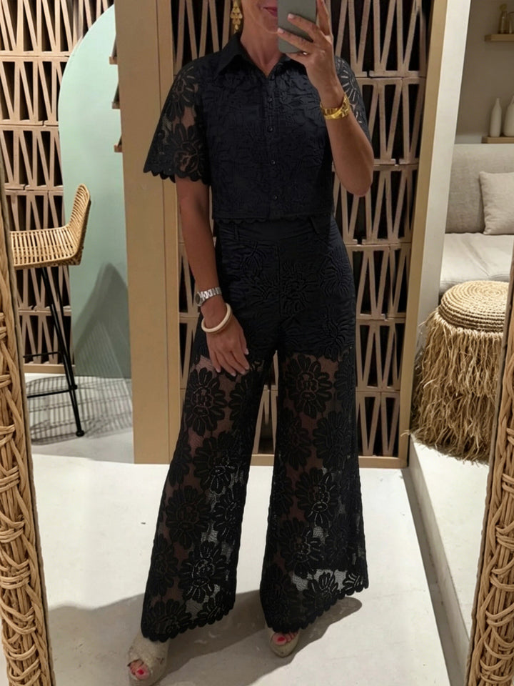 Women's elegant lace combination with short-sleeved blouse, scalloped hem, and tailored palazzo pants with tie belt Mune Fashion