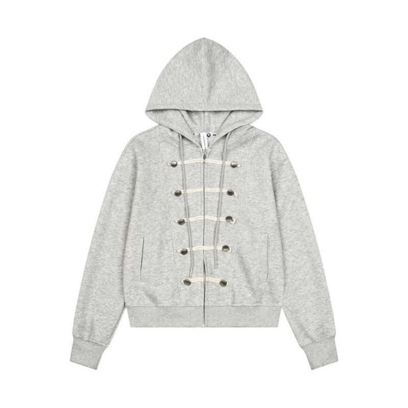 Women's hooded sweatshirt jacket with full-length zipper, decorative cord eyelet detailing and military detail Mune Fashion