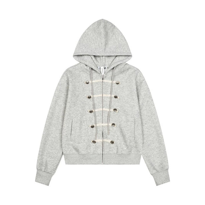 Women's hooded sweatshirt jacket with full-length zipper, decorative cord eyelet detailing and military detail Mune Fashion